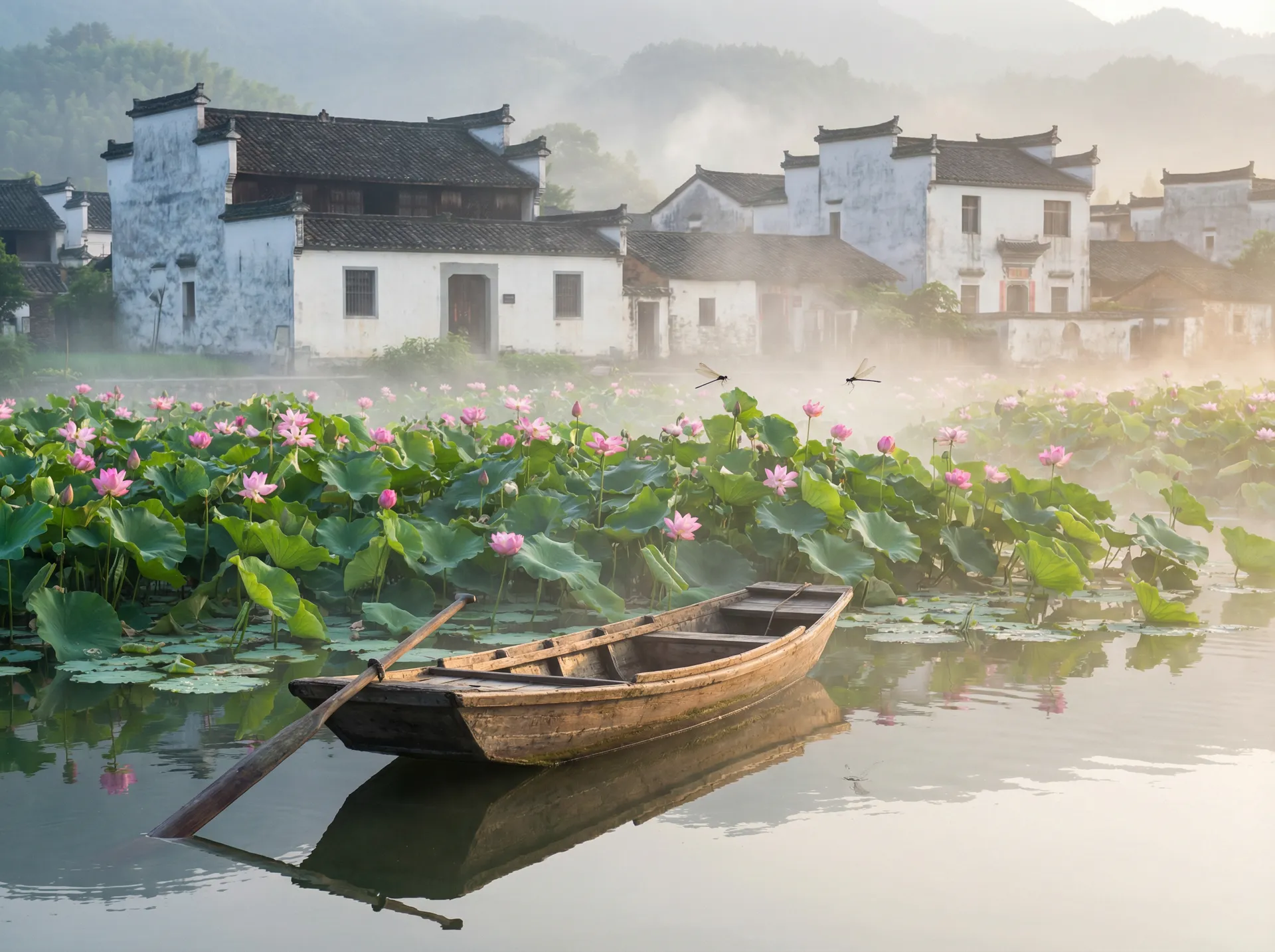 清晨荷塘小舟，粉色荷花盛开，白墙黑瓦的村庄 - 国产无人区一 水乡风情